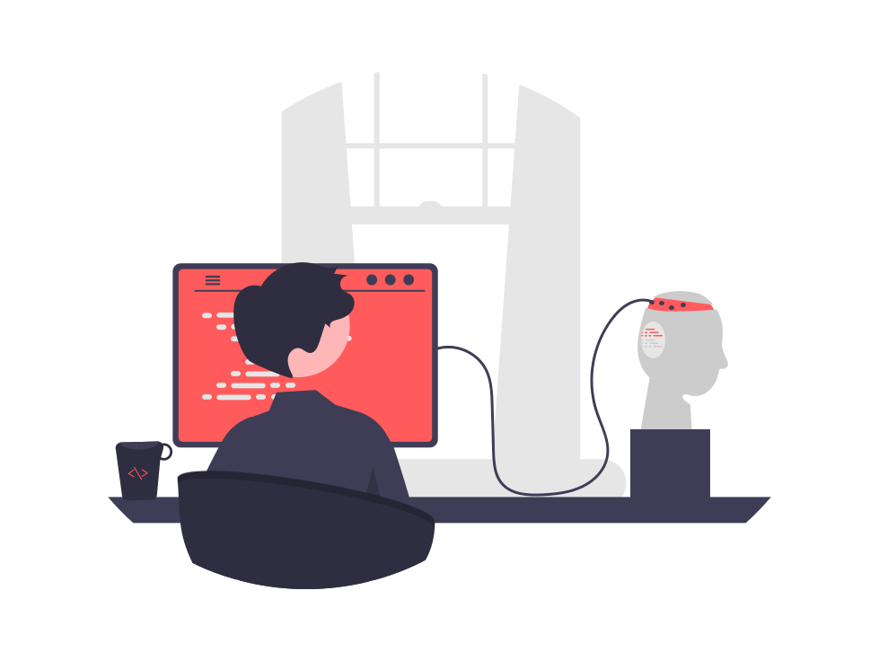 An illustration of a person connecting a virtual brain to a computer