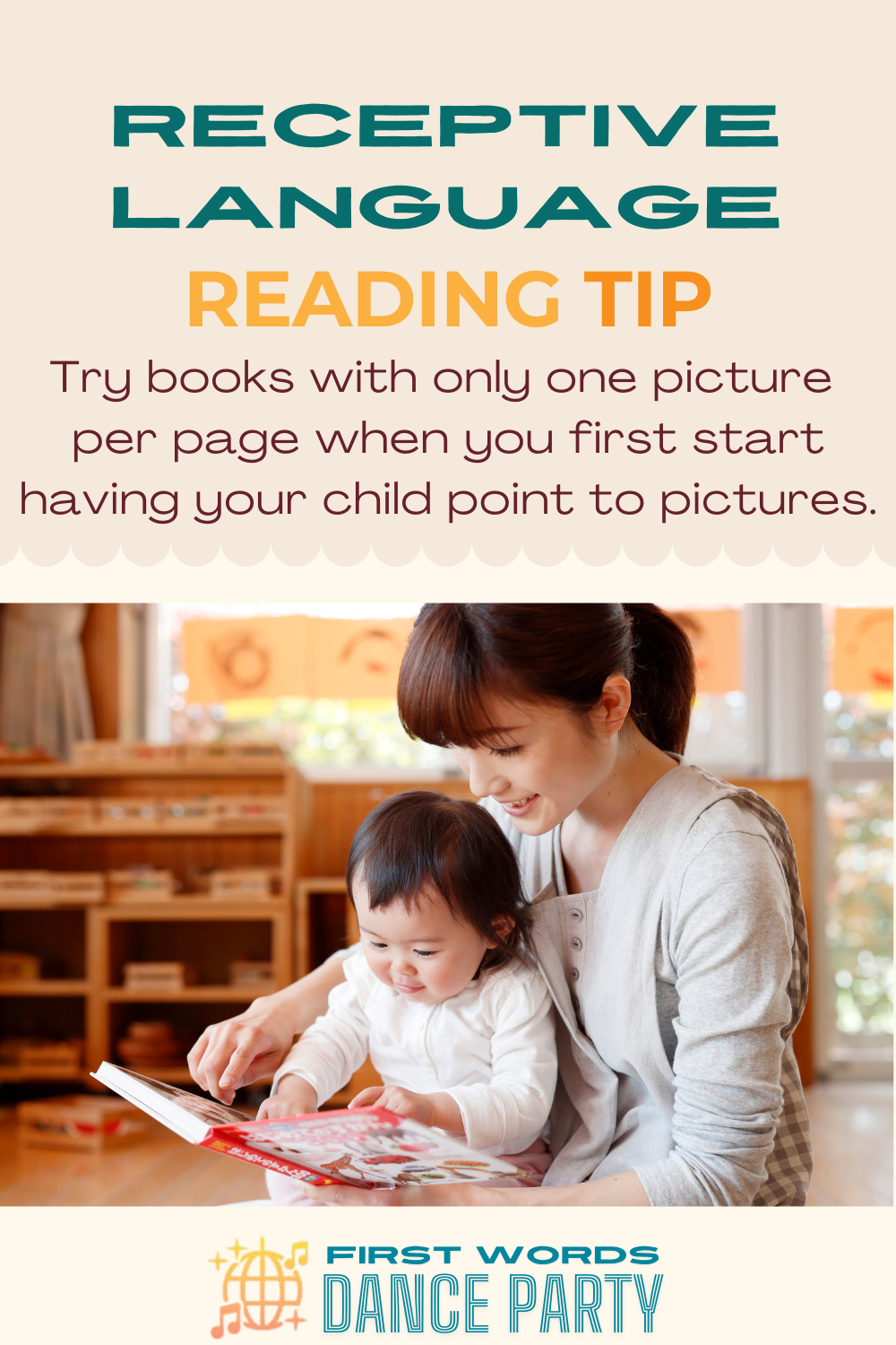 A mother reading to her child to support receptive language.