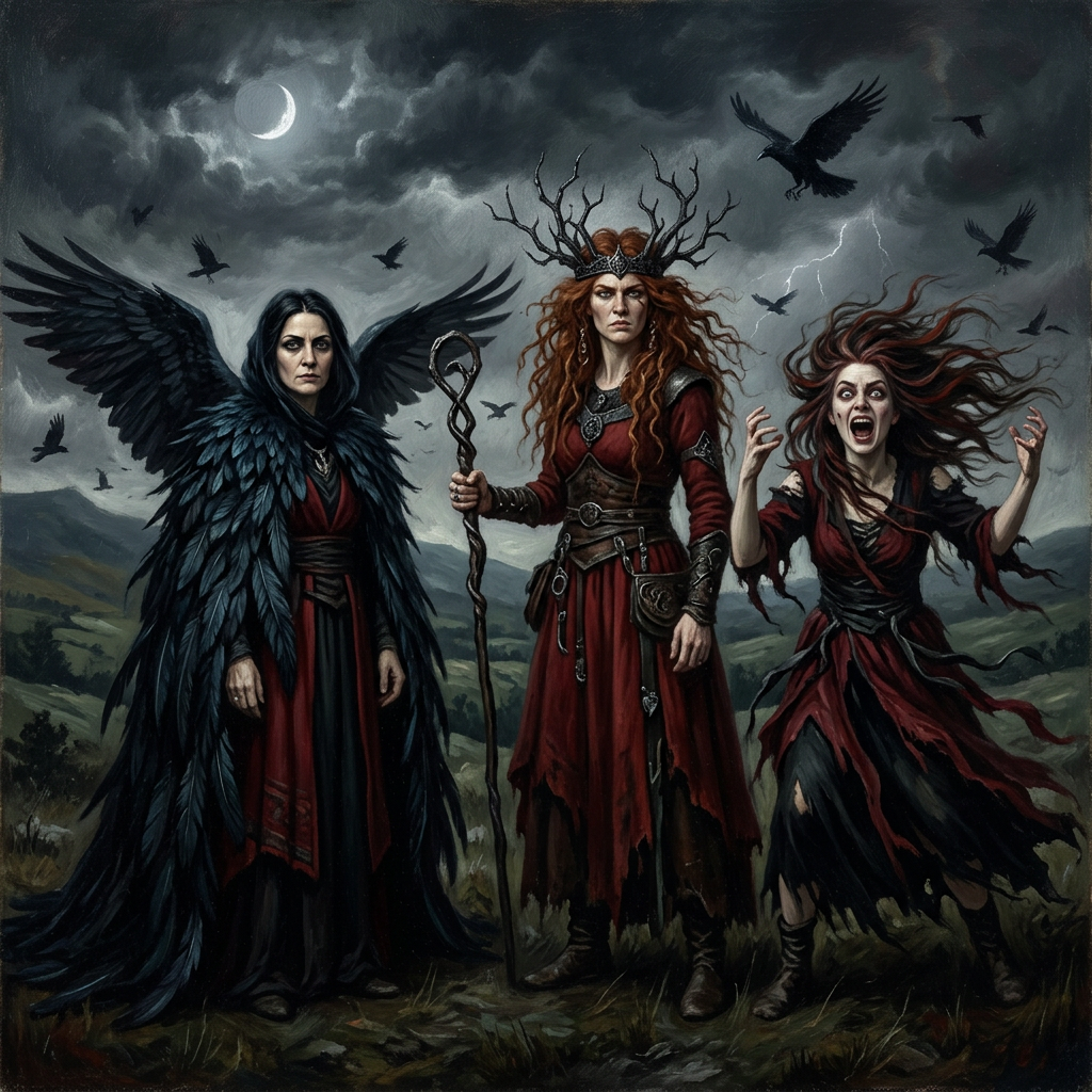 An artistic painting of three powerful women representing the Irish triple goddess, the Morrigan, standing in a stormy landscape under a crescent moon with crows flying overhead. On the left, a woman in a dark hooded cloak woven with black feathers; in the center, a fierce warrior with an antler crown holding a staff; on the right, a screaming woman with wild red hair in a tattered red and black dress.