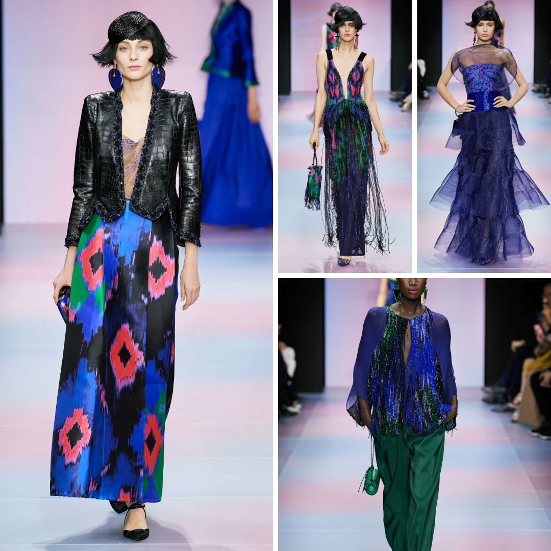 A collection inspired by Ikat patterns, featuring bold blue, black, and magenta prints on flowing gowns, structured jackets, and fringed embellishments. Designs incorporate sheer layers, intricate beadwork, and shimmering textiles, creating an interplay of texture and movement.