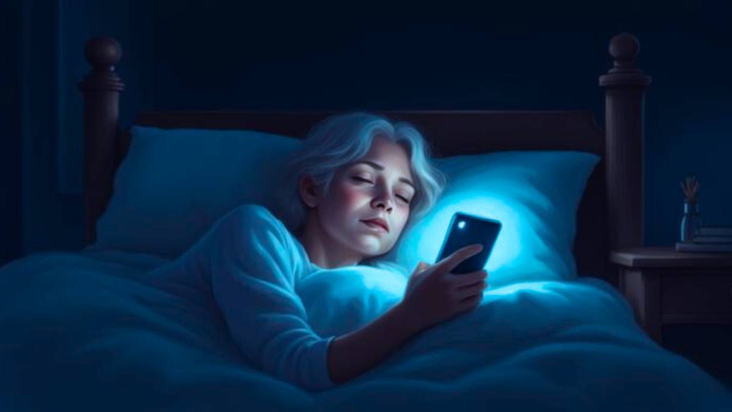 A person lying awake in bed at night, holding a glowing phone and appearing mentally restless, illustrating an anxiety spiral and ongoing overthinking.