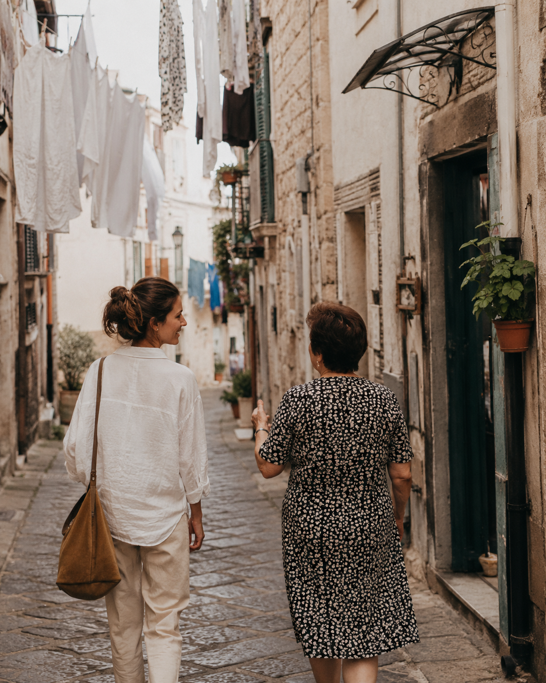 A woman walking through a narrow neighborhood street with her trip host, talking as they go.