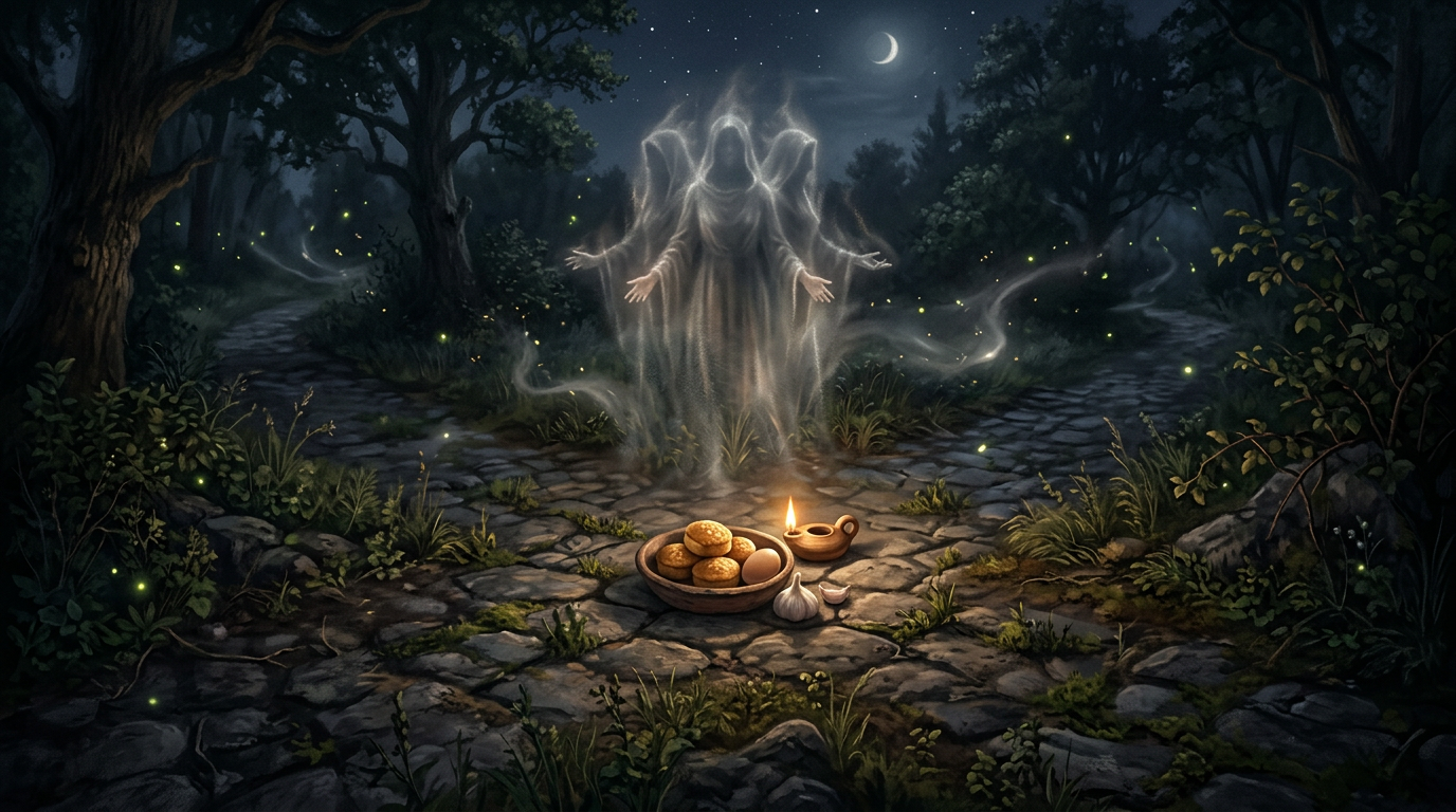 A cobblestone crossroads at midnight under a crescent moon, where a spectral, luminous triple-faced figure stands shrouded in mist. In the foreground, a clay bowl sits on the stones filled with round cakes and an egg, flanked by a single burning oil lamp and a bulb of garlic. Tiny, glowing fireflies illuminate the dark, surrounding woods.