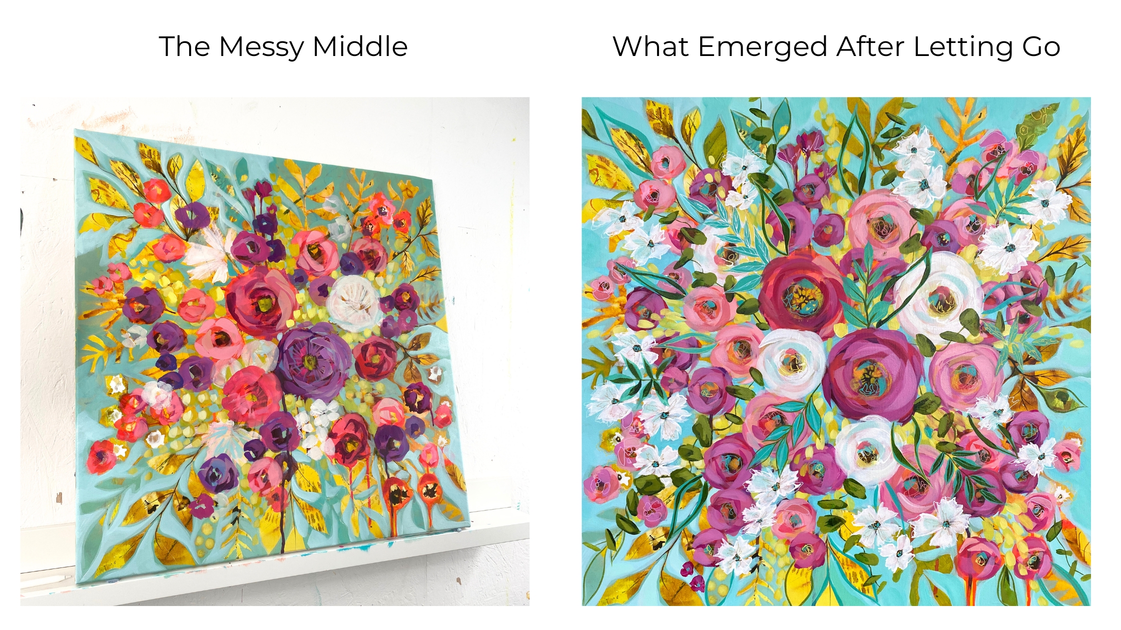 messy middle and finished floral painting