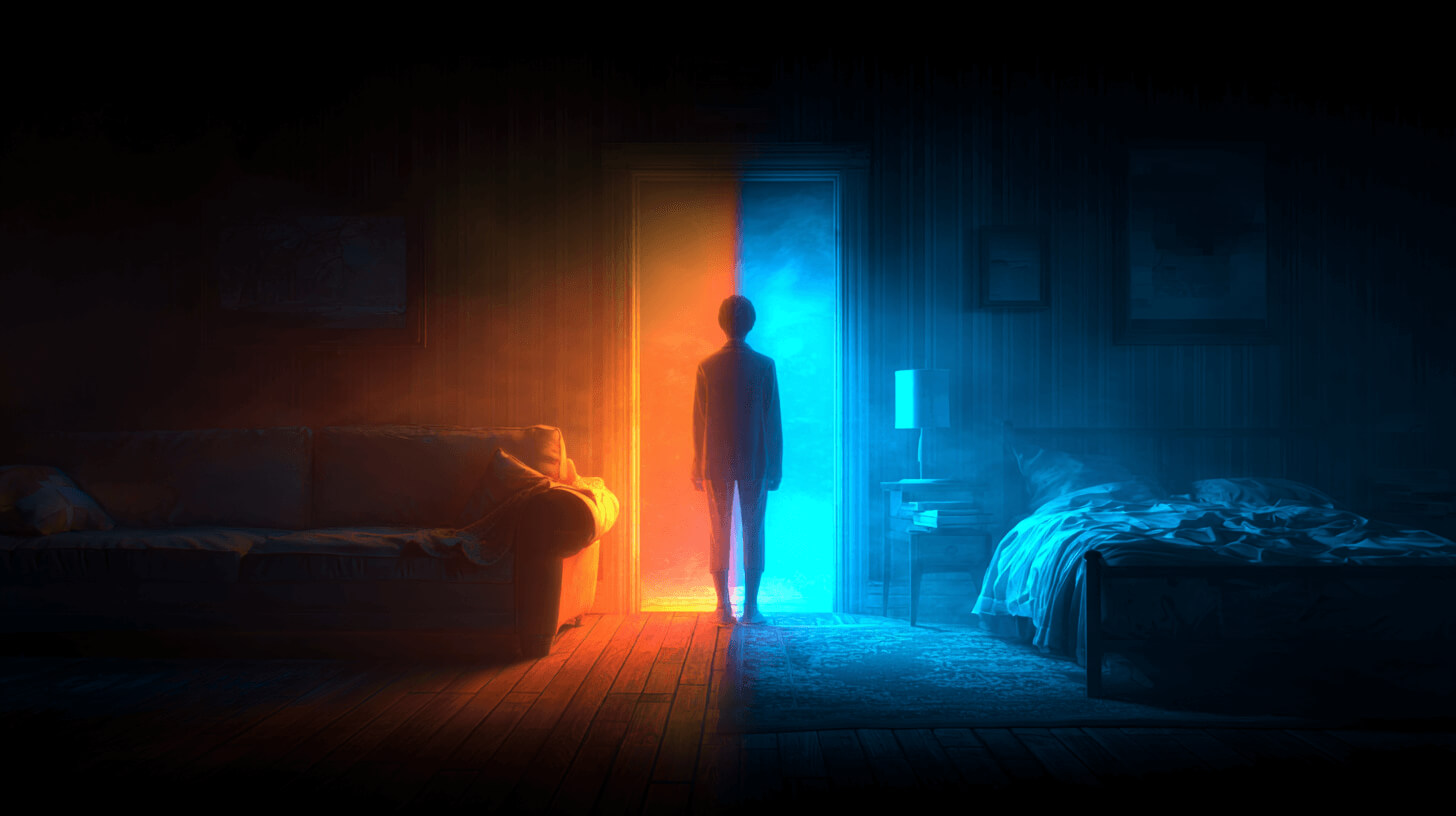 Surreal scene of a person standing in the center of a dark bedroom, facing an open doorway that splits the room into two contrasting halves. The left side glows with warm orange light, illuminating a couch and wooden floor, while the right side is bathed in cool blue light, highlighting a bed and nightstand. The figure appears silhouetted against the doorway, symbolizing a contrast between two emotional states or choices, with a cinematic, moody atmosphere.