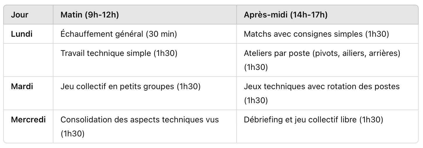 Exemple de stage de handball pour joueurs s’entraînant 1 fois par semaine