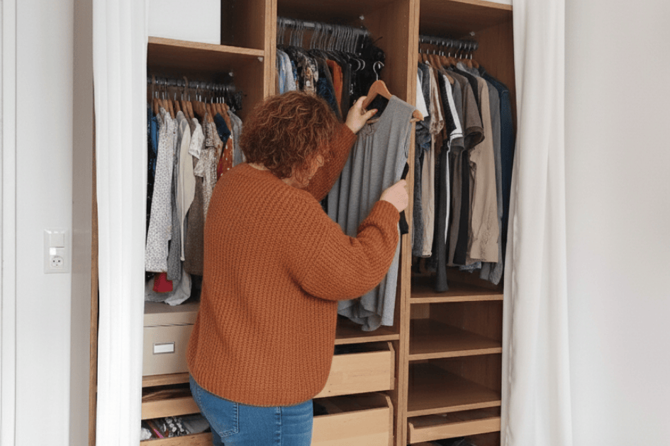 Femme trie dressing armoire vêtements - désencombrement garde-robe simplifier gestion linge organisation home organiser