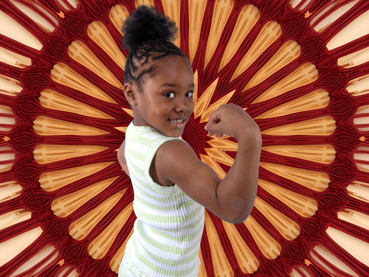 A young girl shows her strength my flexing her muscles. On a red background in the style of paper quilling
