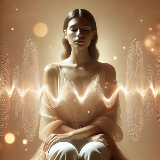 Femme en posture d’écoute intérieure, entourée d’ondes lumineuses symbolisant les mémoires émotionnelles transgénérationnelles.