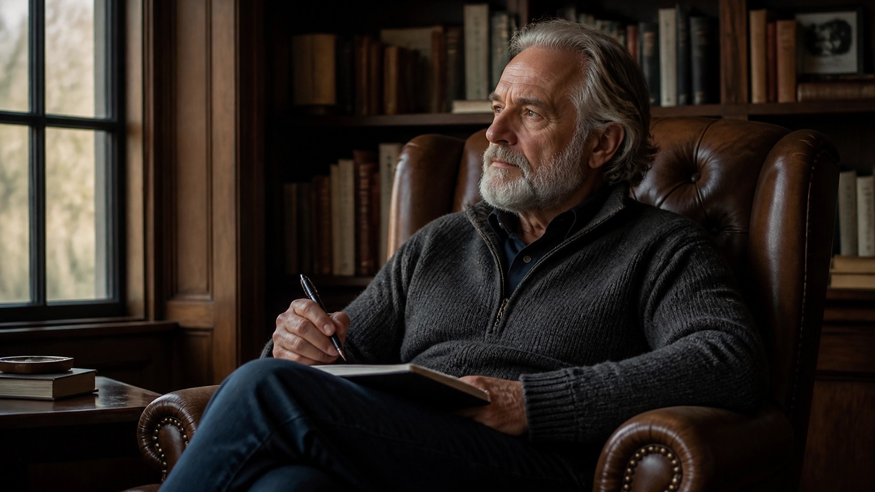 A pensive, elderly man looking directly into the camera with profound peace and wisdom, reflecting on a life lived with purpose