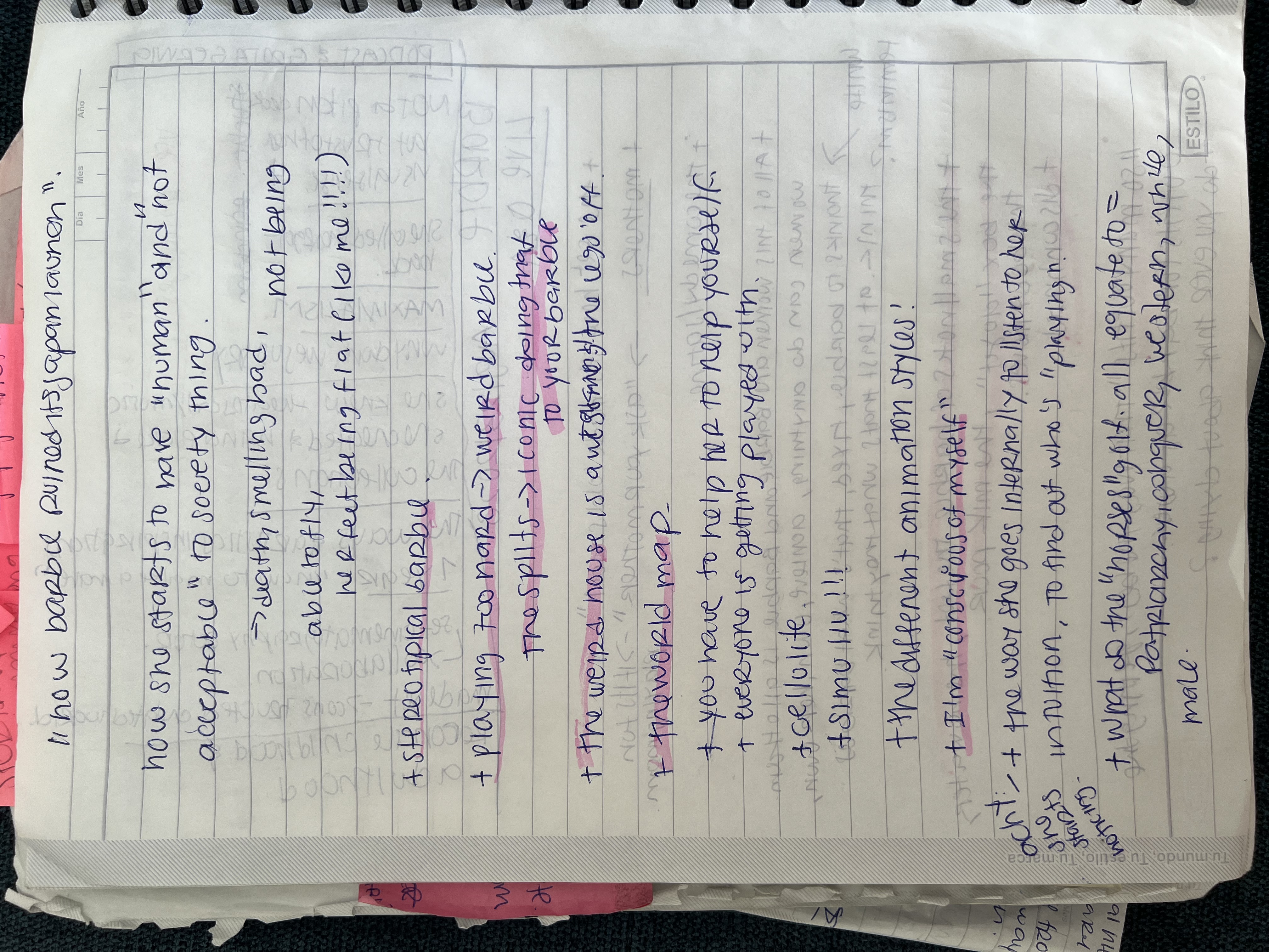 notebook notes some highlights are the weird barbie and how relatable it was