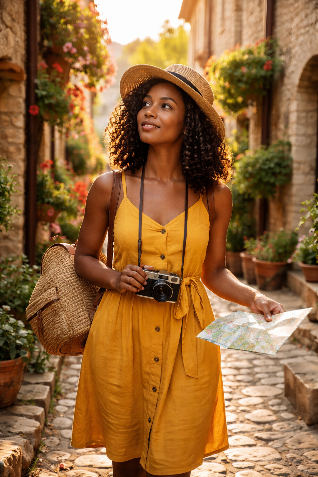 Woman traveling in a European neighborhood during solo cultural travel