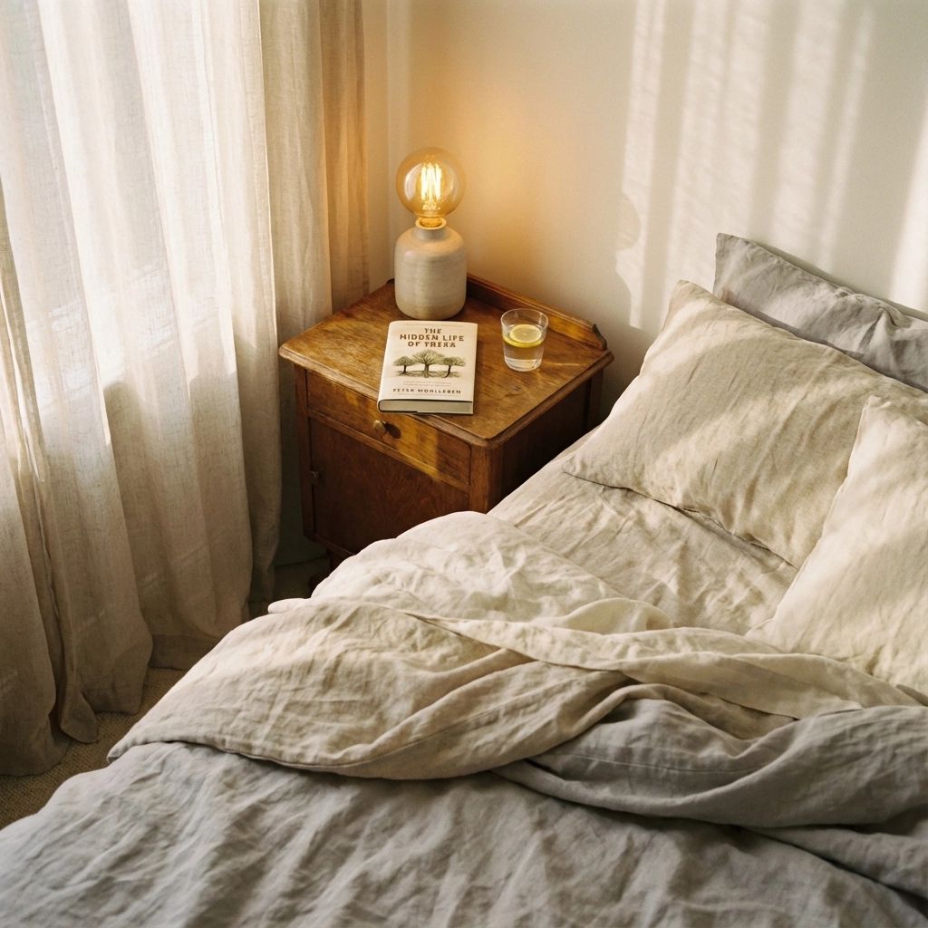 Peaceful bedroom with white linen bedding and morning sunlight supporting quality sleep and DNA methylation