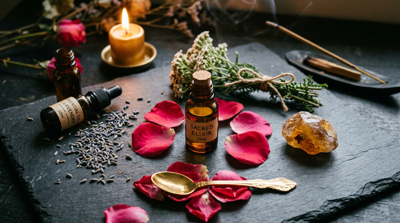 A flat-lay arrangement of herbal and ritual items on a dark grey slate slab. In the center is a small amber glass dropper bottle labeled "SACRED ELIXIR," surrounded by loose pink rose petals. Nearby, a scattering of dried lavender buds lies next to another bottle labeled "LAVENDER." The scene includes a small gold spoon, a raw amber crystal, a bundled bouquet of white yarrow flowers, a burning gold candle, and a smoking incense stick resting on a holder.