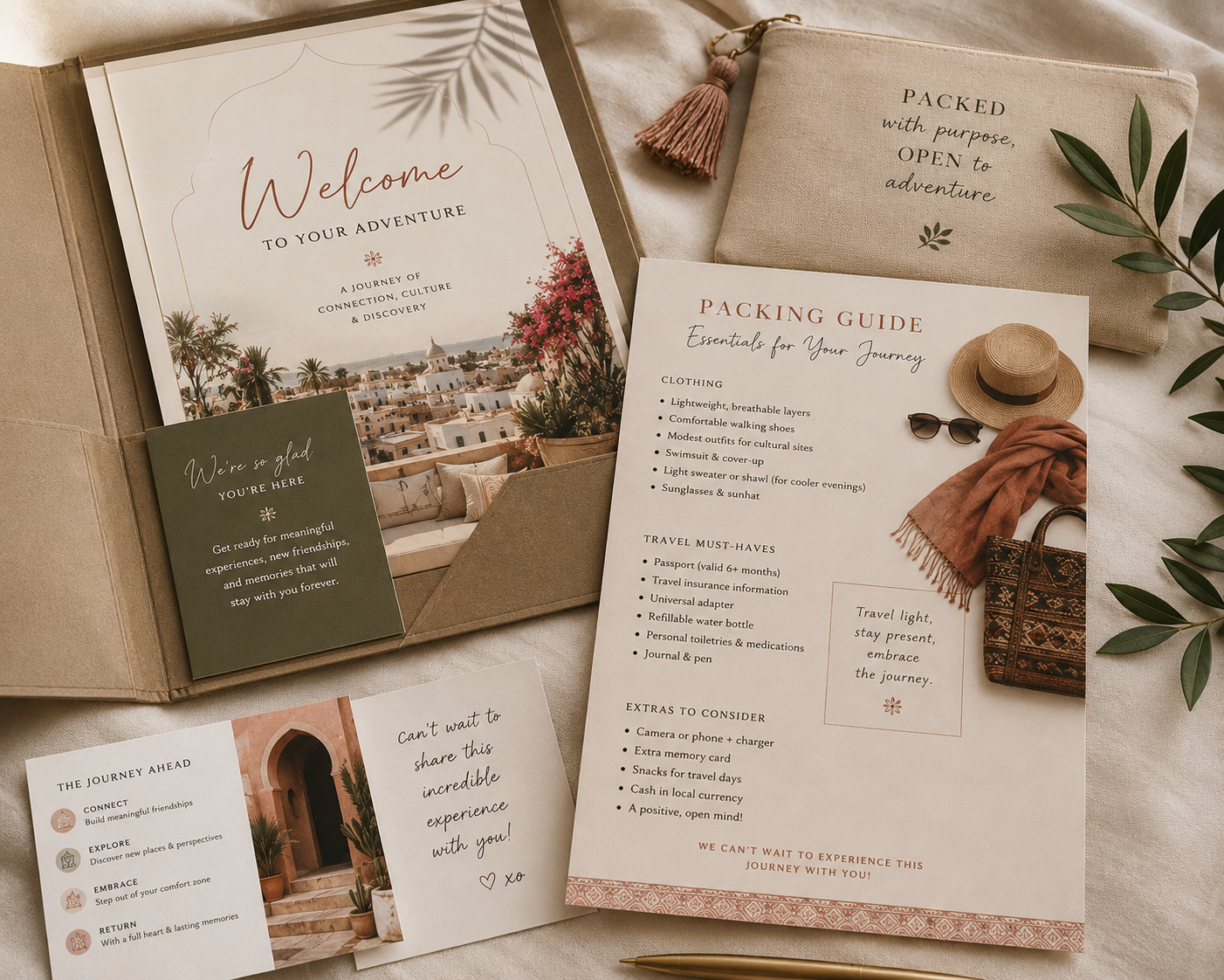 Beautifully designed welcome packet and packing guide for a women's hosted trip