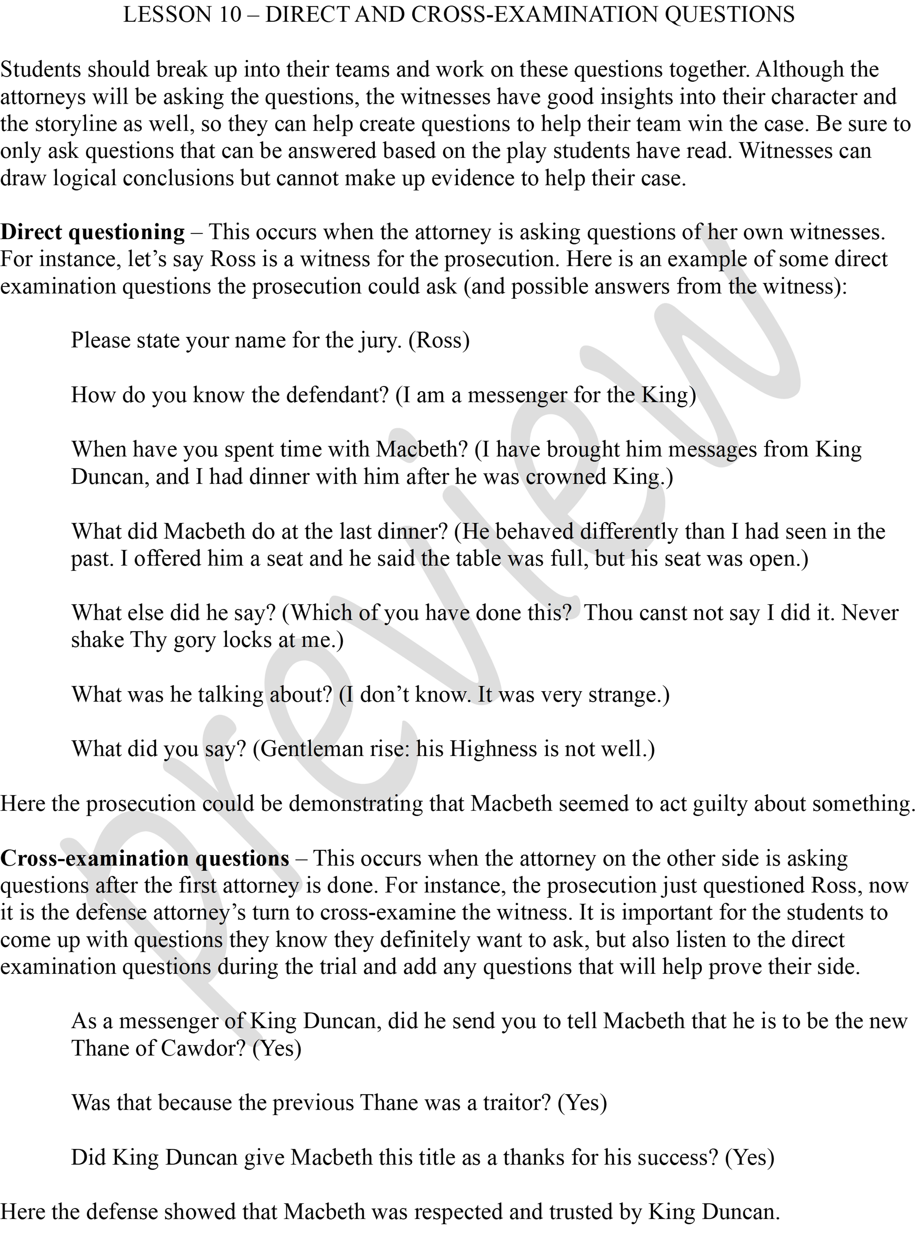 Direct and Cross-Examination Questions preview lesson from Macbeth - The Mock Trial - homeschooldrama.com