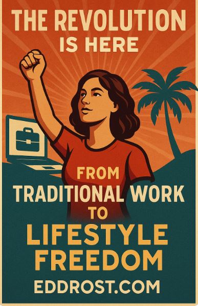 From Traditional Work to Freedom — a vibrant visual representing the shift from office grind to AI-powered lifestyle business and network marketing success.