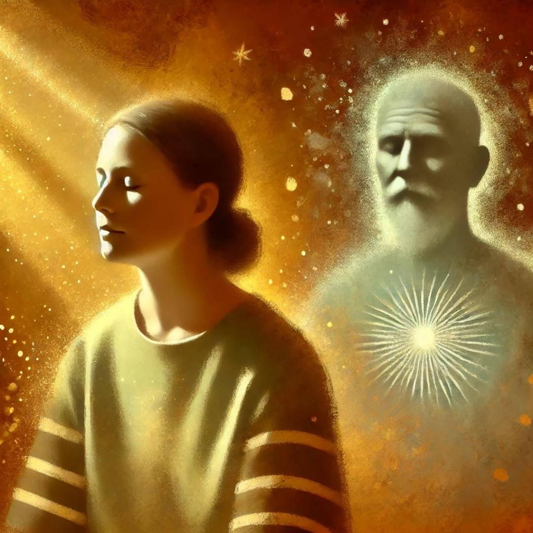 Femme introspective ressentant un poids émotionnel hérité, avec la présence symbolique d’un ancêtre masculin en arrière-plan