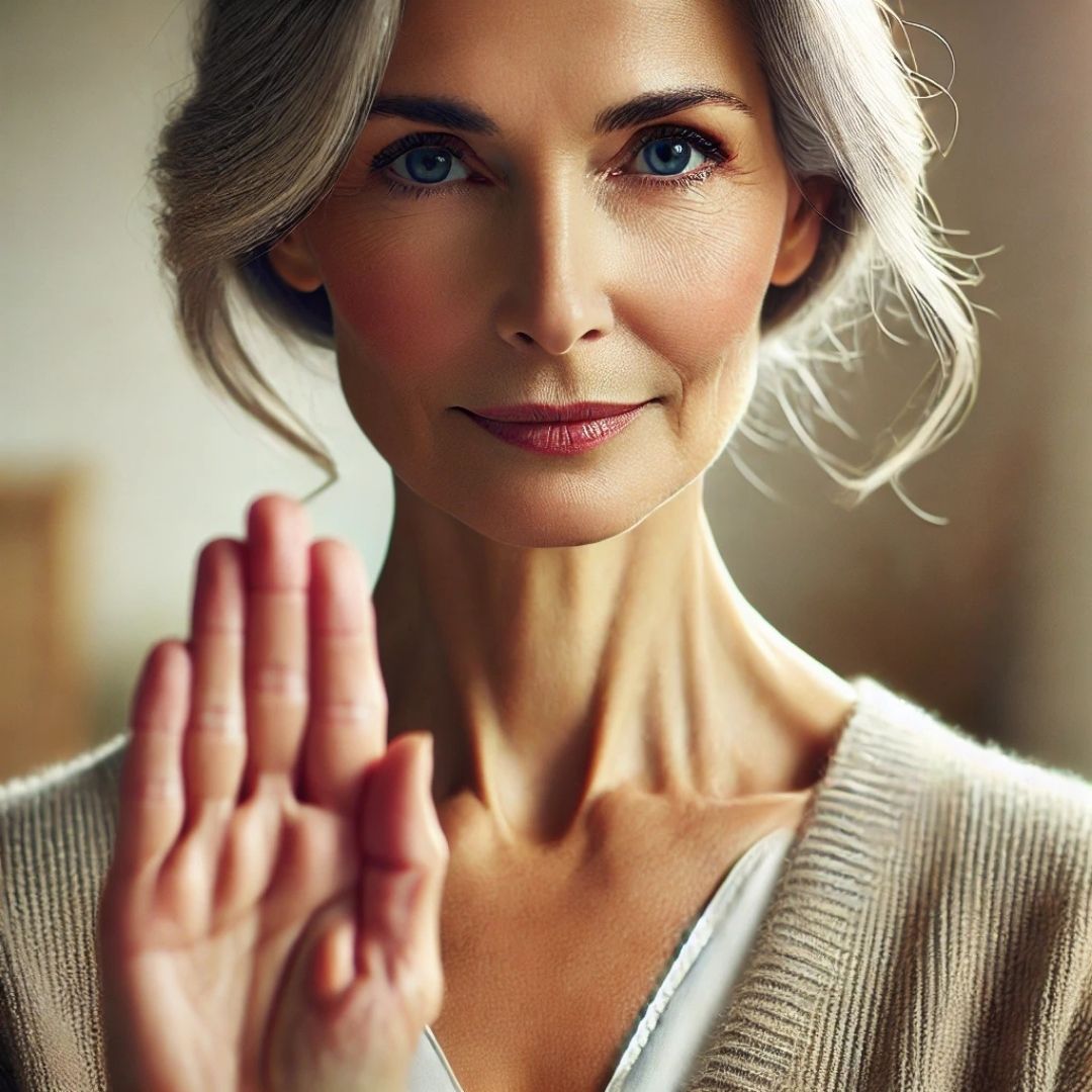 Femme calme et confiante levant la main pour poser une limite avec douceur, illustrant la capacité à dire non sans culpabilité