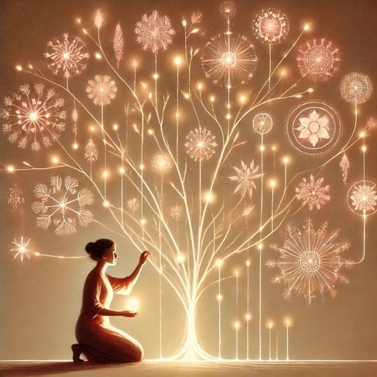 Femme agenouillée devant un arbre de lumière représentant sa lignée familiale, avec des branches et symboles évoquant les mémoires transgénérationnelles.