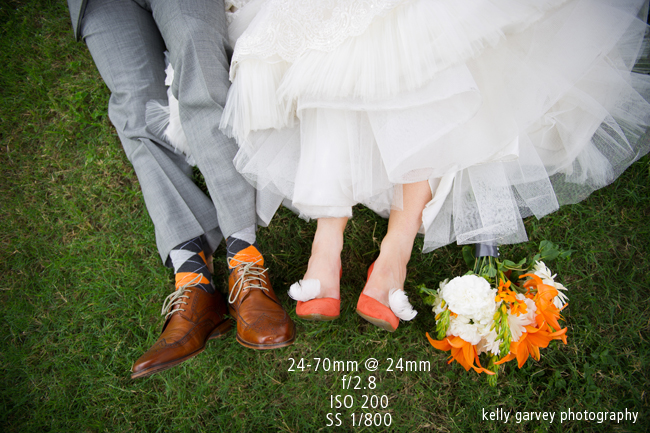 Wedding photo of bride and grooms shoes with wedding bouquet taken with 24-70mm lens