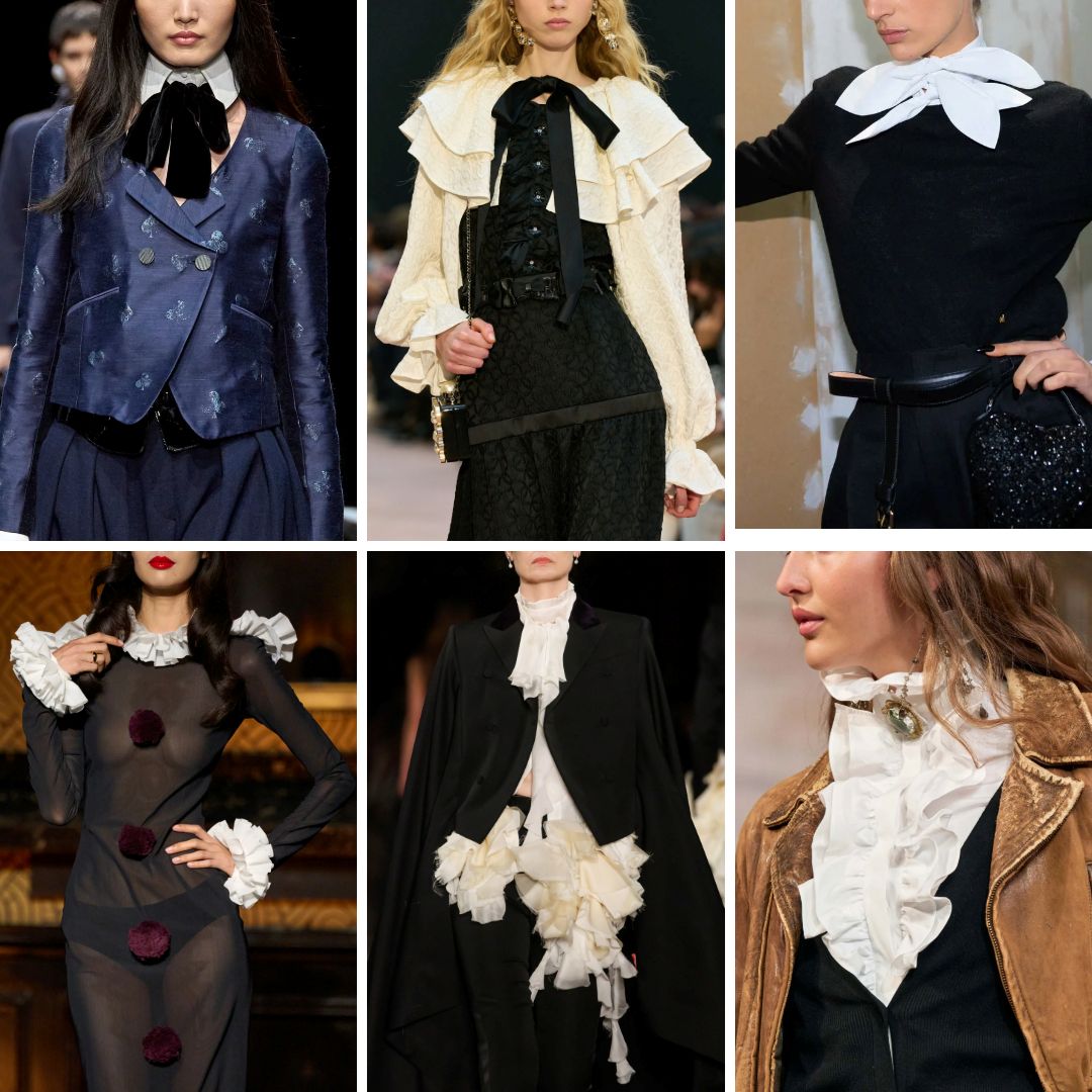 Fall/Winter 2025 runway collage showing ruffled collars, oversized bows, and layered jabot-inspired necklines. Designers like Chanel, Emporio Armani, and Ralph Lauren reimagine historical collar structures as focal points of modern silhouette design.