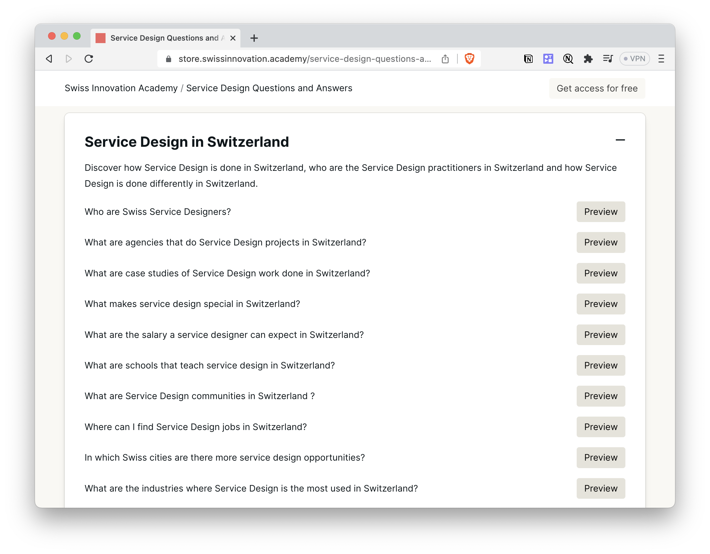 Screenshot of a list of questions and answers related to Service Design in Switzerland