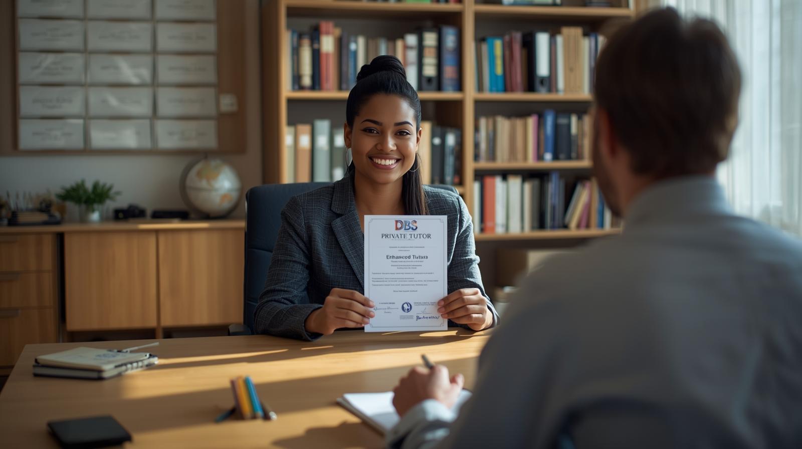 Self-employed tutor presenting DBS certificate to parent