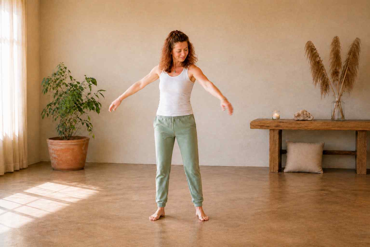 Do-In Yoga oefening om schouders en nek te bevrijden van spanning met draaiende bewegingen