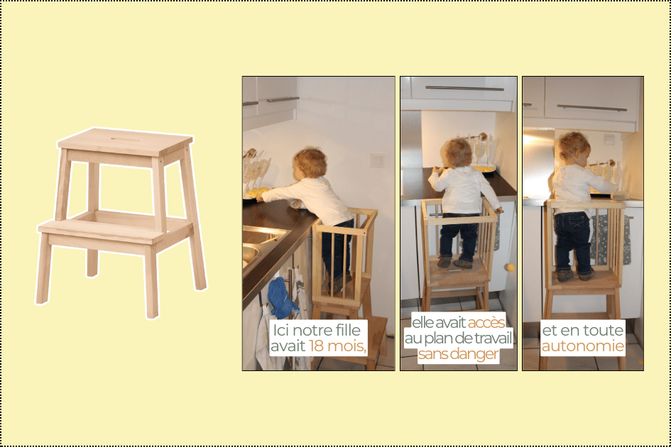 Marchepied ou tour d’observation Montessori pour nous permettre et permettre aux enfants d’accéder aux surfaces et participer aux gestes du quotidien en autonomie.