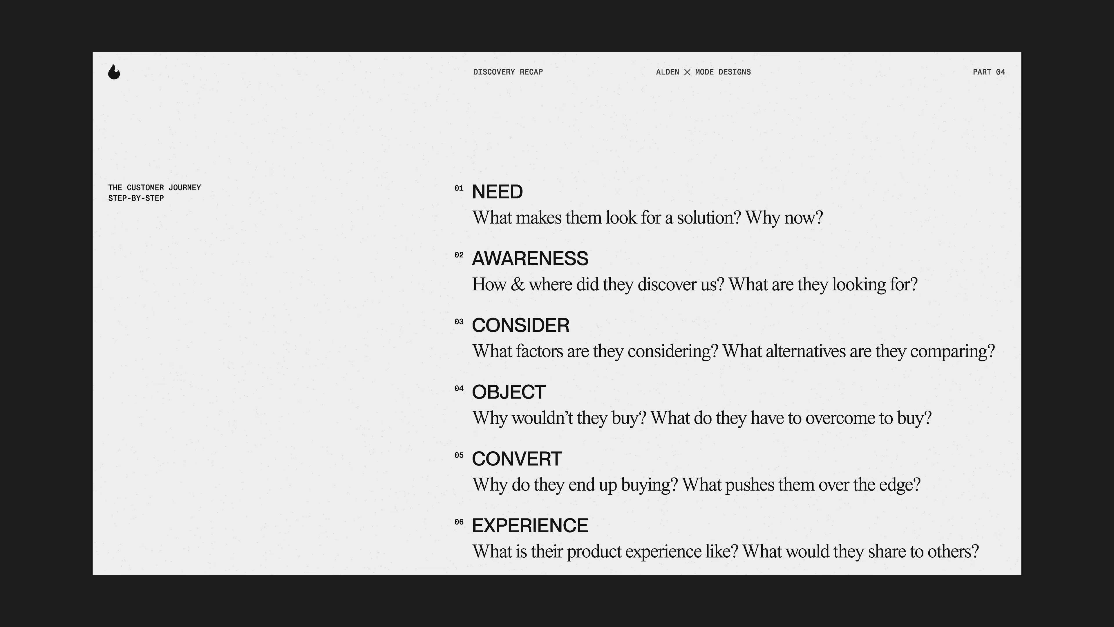 Slide showing the customer journey steps—need, awareness, consider, object, convert, experience—used during Mode’s brand discovery process in Matthew Encina’s rebrand video.