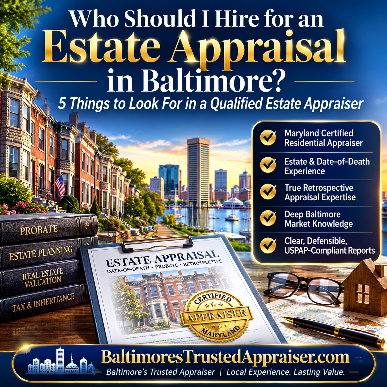 Baltimore estate appraisal guide showing five qualifications to look for in a Maryland Certified Residential Appraiser, including estate and date-of-death experience, retrospective appraisal expertise, Baltimore market knowledge, and USPAP-compliant reporting.