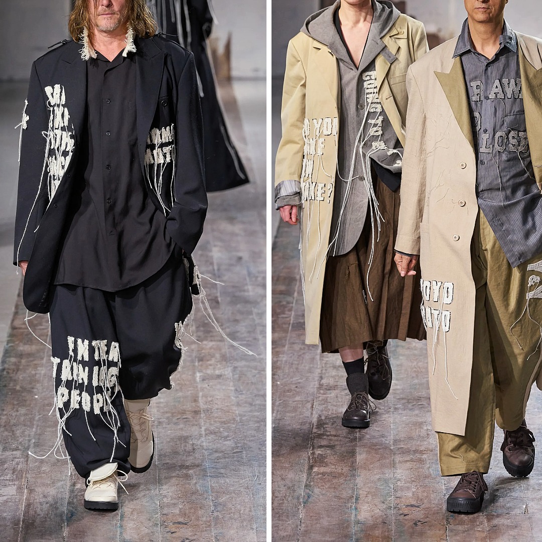 Yohji Yamamoto Fall 2024 menswear looks with vertical text built from stitched lines, appliqué, and loose thread ends