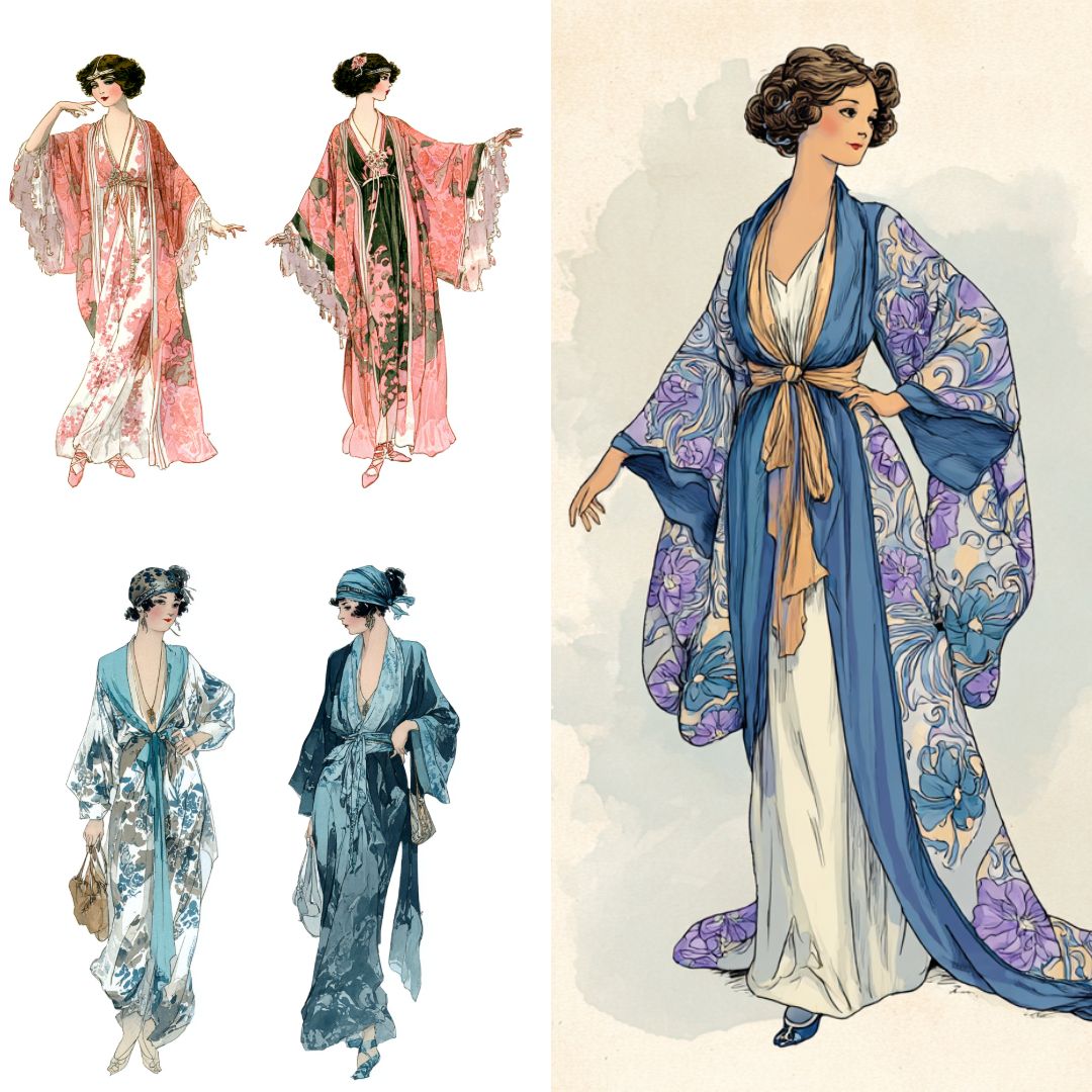 Vintage-style illustrations of early 20th-century women in flowing, kimono-inspired robes, echoing Paul Poiret’s couture silhouettes.