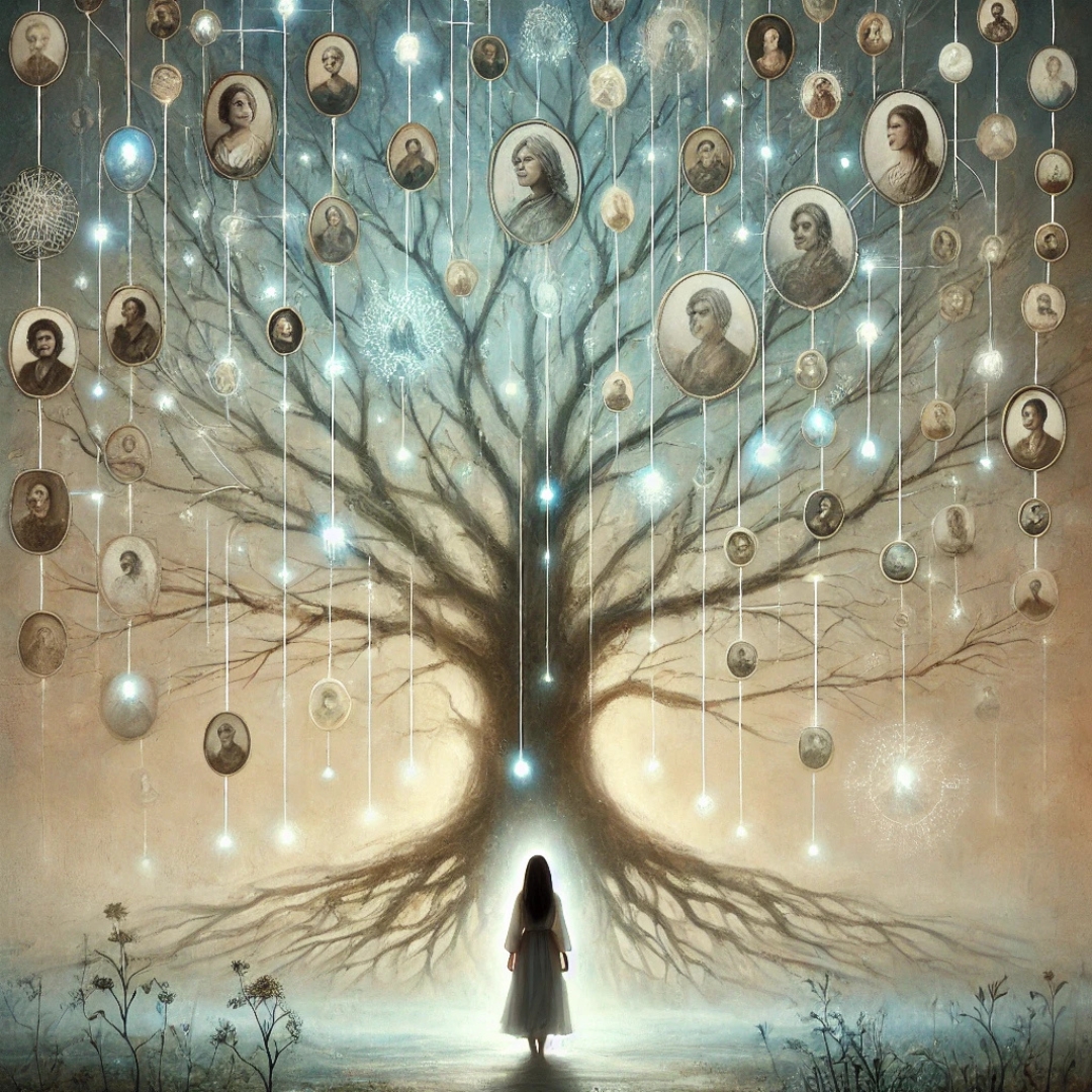 Femme face à un arbre généalogique symbolique aux branches floues et racines visibles, illustrant le lien transgénérationnel du syndrome du gisant