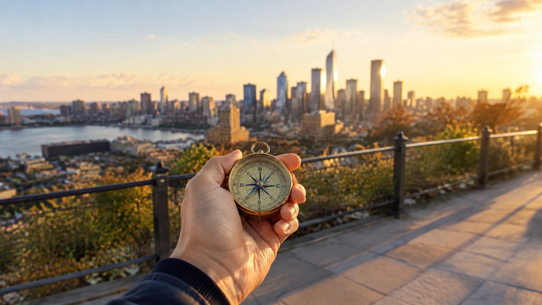 Person holding a compass near a city walkway at golden hour, symbolizing purposeful first steps toward a new career path.