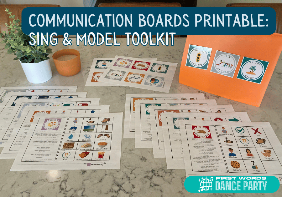 A communication boards printable toolkit for speech therapy songs by First Words Dance Party®.