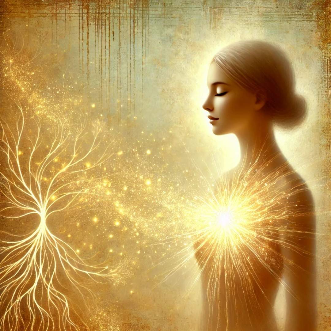 Femme sereine laissant rayonner une énergie lumineuse de son cœur vers un arbre symbolique, représentant la libération d’un trauma transgénérationnel à travers la lignée