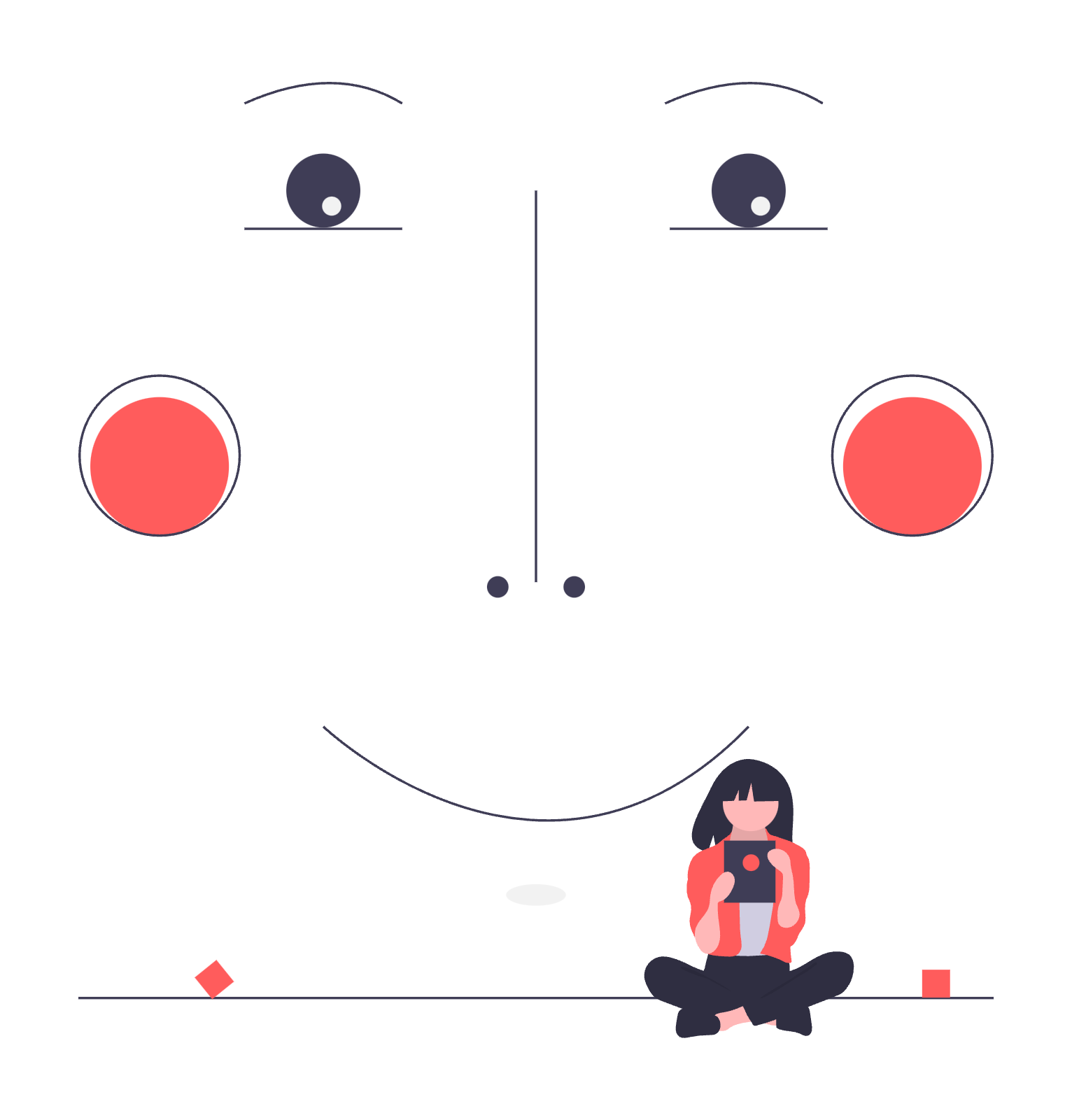 An illustration of a huge smile behind a person using a digital device