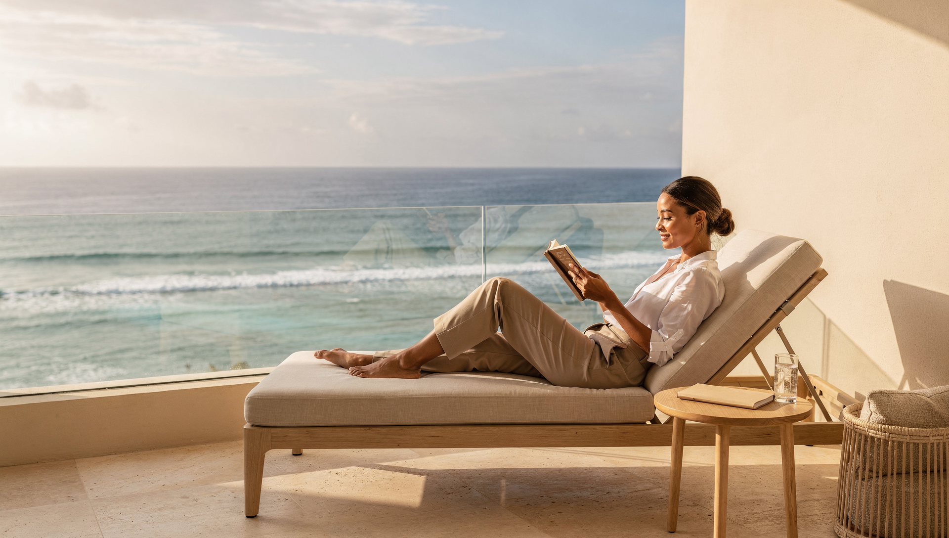 Woman reflecting while traveling, journaling with scenic view