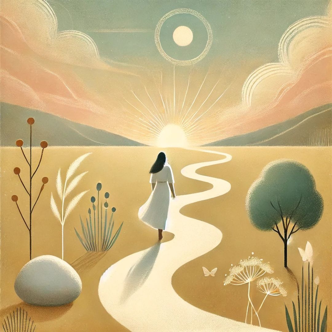 Illustration symbolique représentant le chemin de guérison de la blessure de trahison en quatre étapes émotionnelles et spirituelles