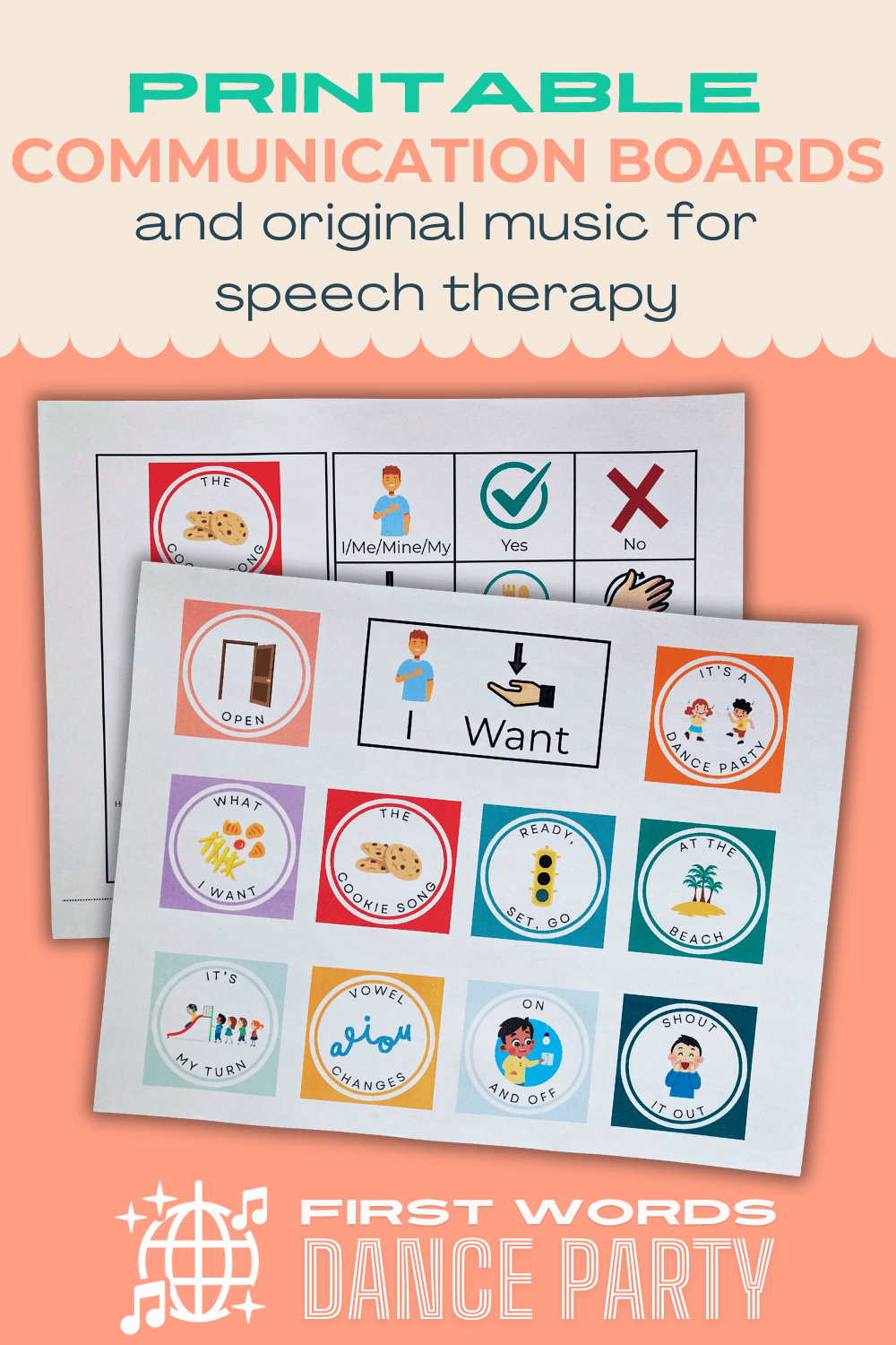 Communication boards for speech therapy music by First Words Dance Party®.
