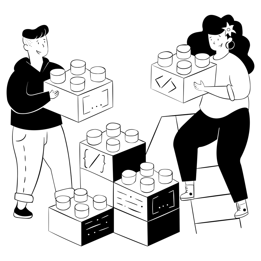 An illustration of two people having giant LEGO block-like elements in their hands to build something together