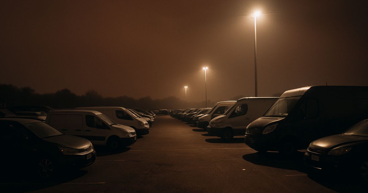 Parkplatz mit Autos am Abend