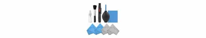 A small clear spray bottle, black brush, black lens pen, air puffer, and blue and gray cleaning cloths are the best gifts for photographers.