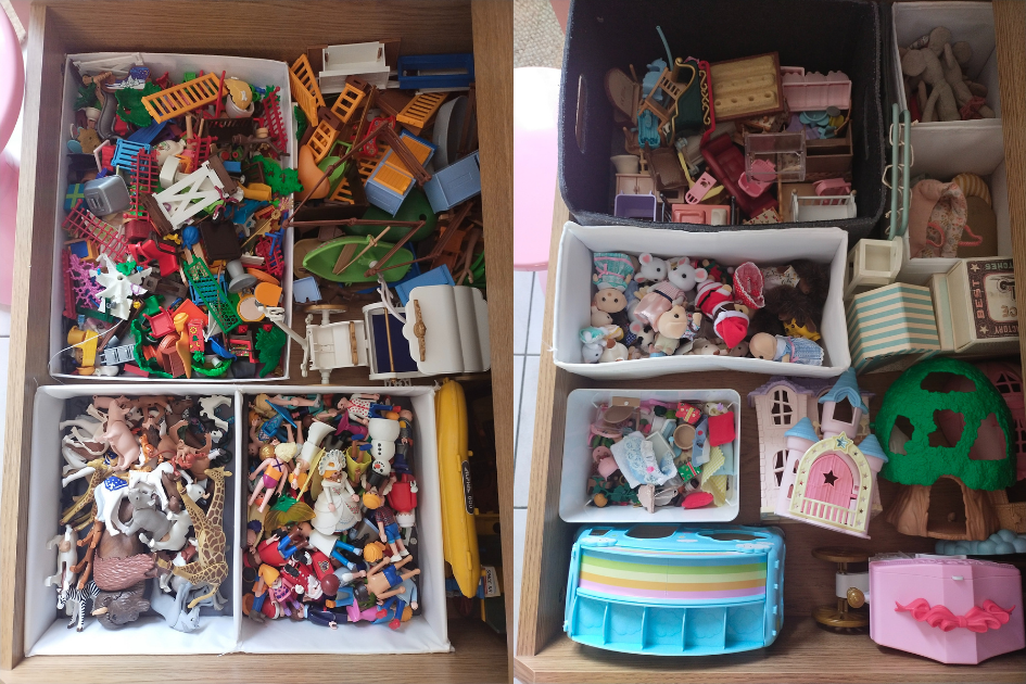 Jouets triés et rangés dans des tiroirs