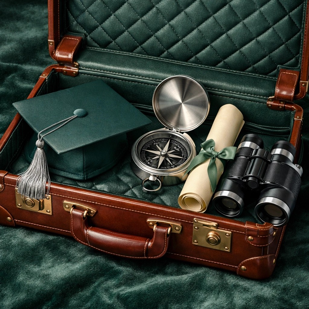 A brown suitcase packed with a graduation cap and a compass, symbolizing career preparation.