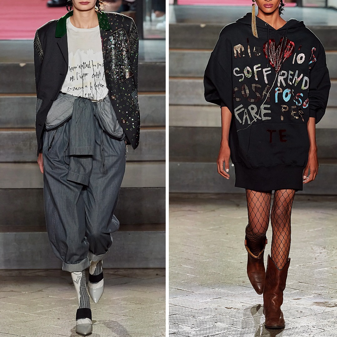 Antonio Marras Fall 2020 designs showing handwritten stitched text with loose threads and appliquéd collage-style lettering