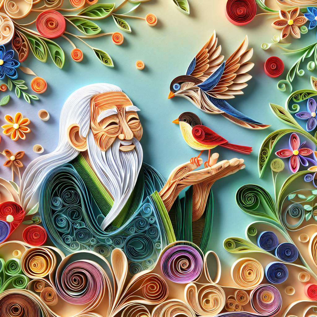 Man holding sparrow. Image in the style of paper quilling