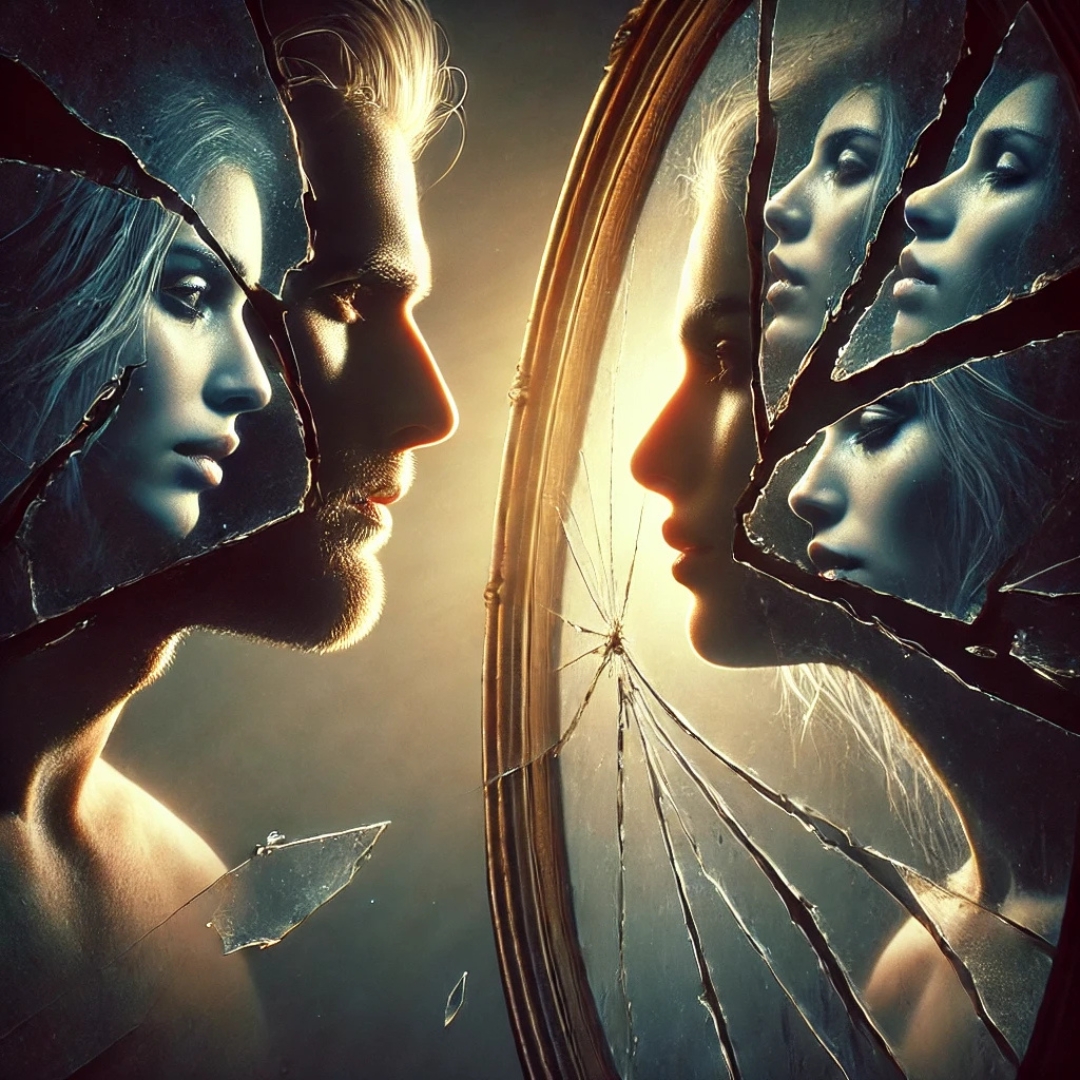 Deux visages, un homme et une femme, reflétés dans un miroir brisé dont les éclats révèlent différentes émotions – une représentation symbolique des blessures révélées dans une relation de flammes jumelles.